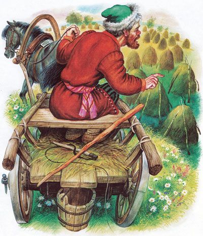 Старик на коне смотрит на стога сена