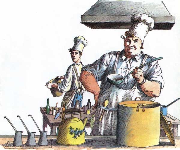 Вот повар в белом колпаке