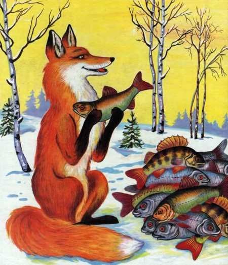 Лисичка-сестричка тем временем собрала в кучу разбросанную по дороге рыбу